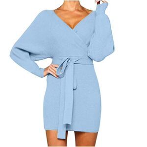 Zonsaoja V Neck Wrap Light Blue Ribbed Knit Sweater Dress Size S Classy Girly